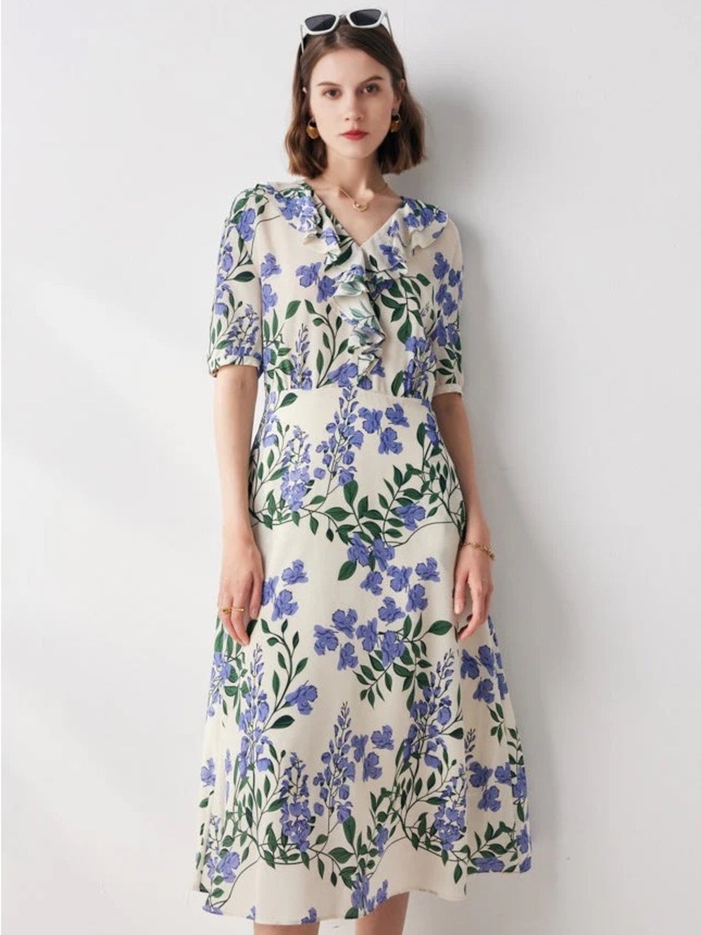 FIBFLX French Chic Silk Floral Maxi Dress Purple Ruffle Romantic V-Neck Size L